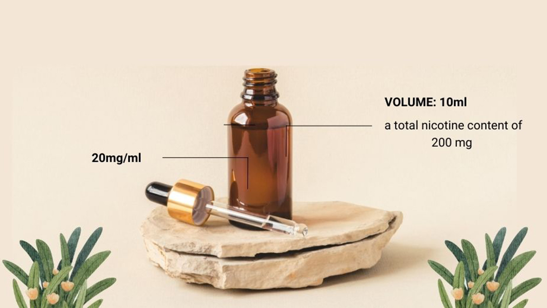 Eine Braunglasflasche mit Tropfer, die auf einer Steinplatte steht, begleitet von Grünzeug, das eine Flüssigkeit mit 20 mg/ml Nikotin und einem Gesamtvolumen von 10 ml darstellt.