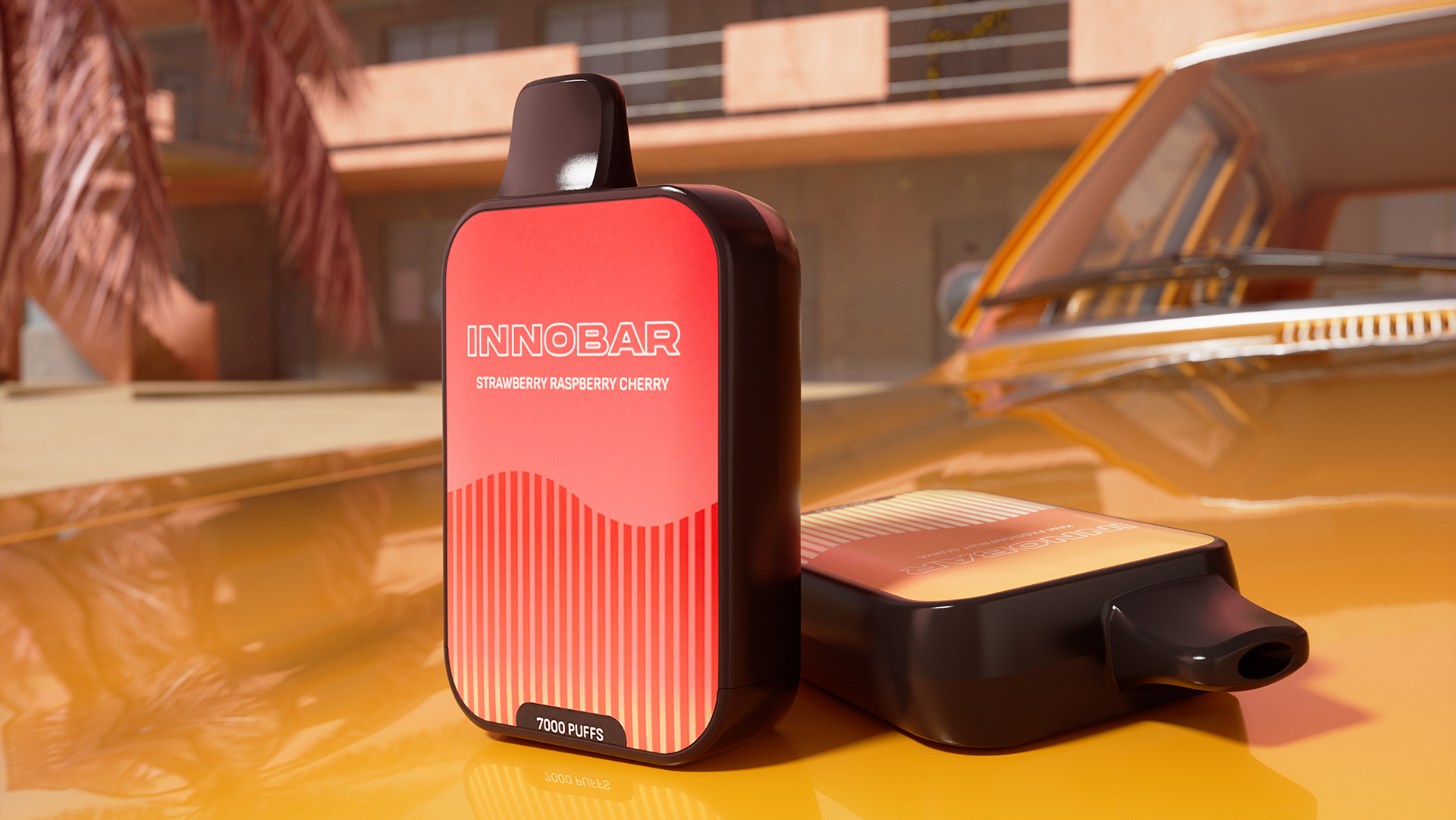 Innobar 7000 Einweg-Dampfgerät in einem roten Aufbewahrungsbehälter auf dem Armaturenbrett eines Autos.