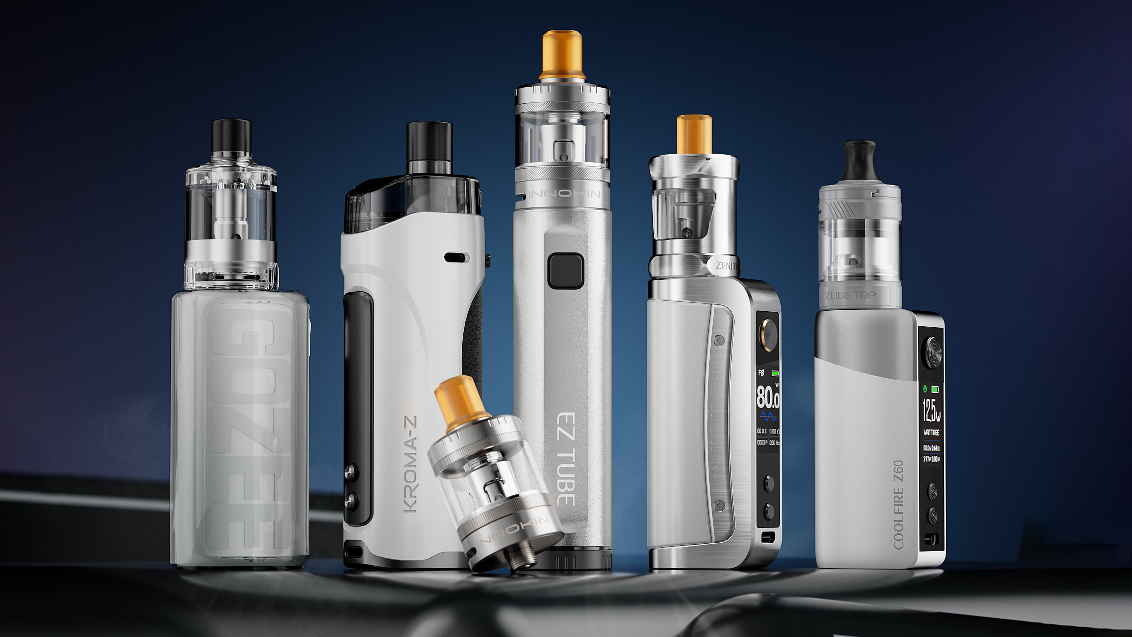 Sammlung von Innokin Vape-Geräten, einschließlich der GOZEE, Kroma-Z, EZ.TUBE, CoolFire Z80 und CoolFire Z60, die vor einem eleganten Hintergrund mit dunklem Farbverlauf präsentiert werden und eine Vielzahl von modernen und leistungsstarken Vaping-Optionen zeigen.