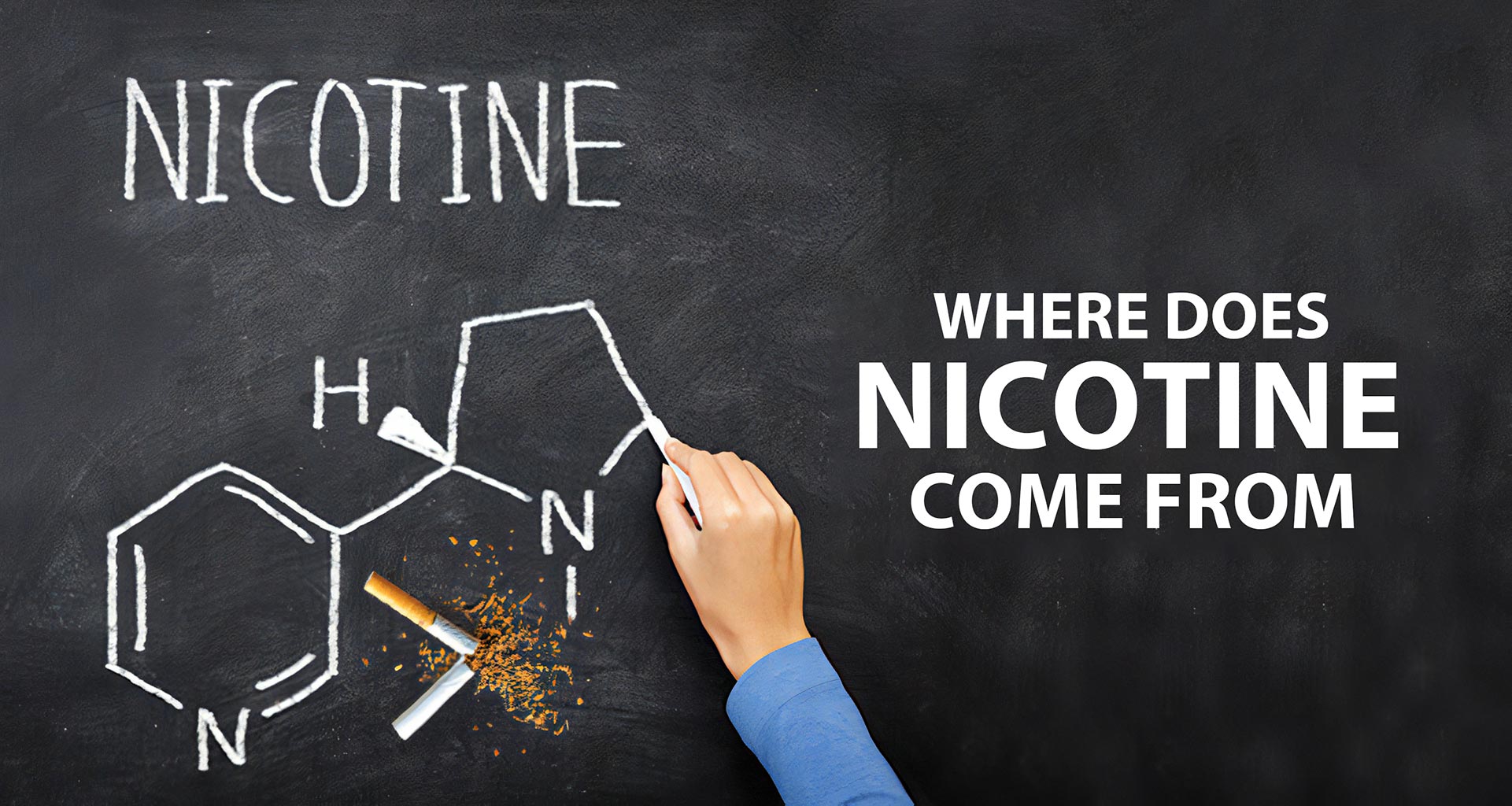 Kreidetafel, auf der die chemische Struktur von Nikotin dargestellt ist, mit der Aufschrift "NICOTINE" und "WHERE DOES NICOTINE COME FROM", begleitet von einem Zigarettenstummel.