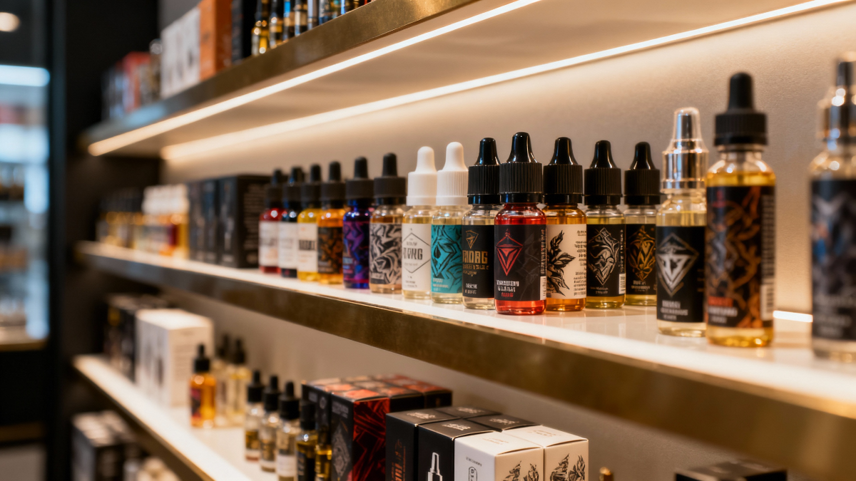 Vape-Shop-Regale mit E-Liquid-Flaschen und Tipps für den Kauf von frischem Vape-Saft.