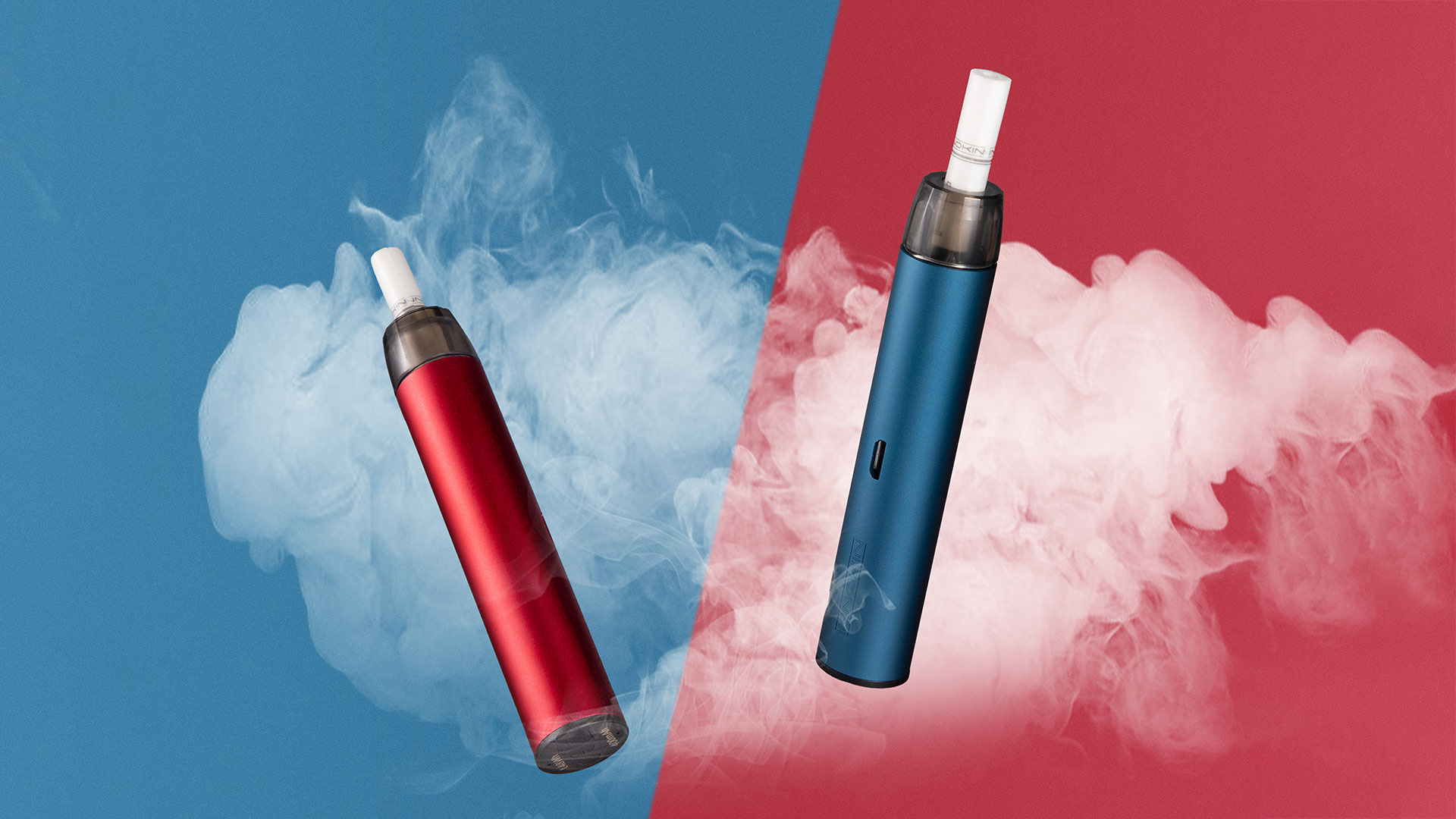 EQ FLTR Vape-Geräte in roten und blauen Farben, die an Zigarettenformen erinnern.