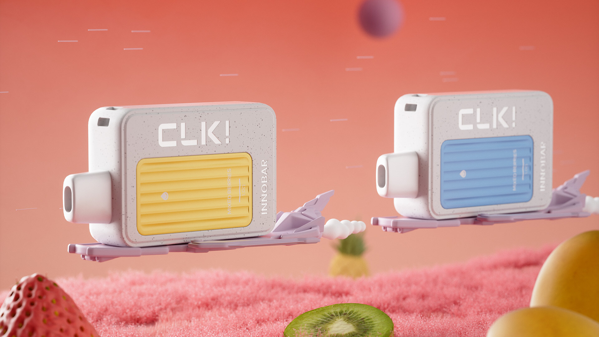 INNOBAR CLK Vape-Geräte in kompaktem, stilvollem Design mit Erdbeer/Kiwi-Akzenten.