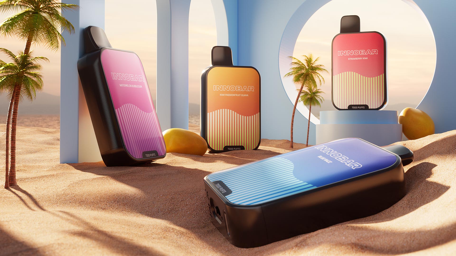 Vier farbenfrohe INNOBAR CLK stehen an einem Sandstrand inmitten von Kokospalmen und architektonischen Strukturen, die eine tropische Urlaubsatmosphäre schaffen.