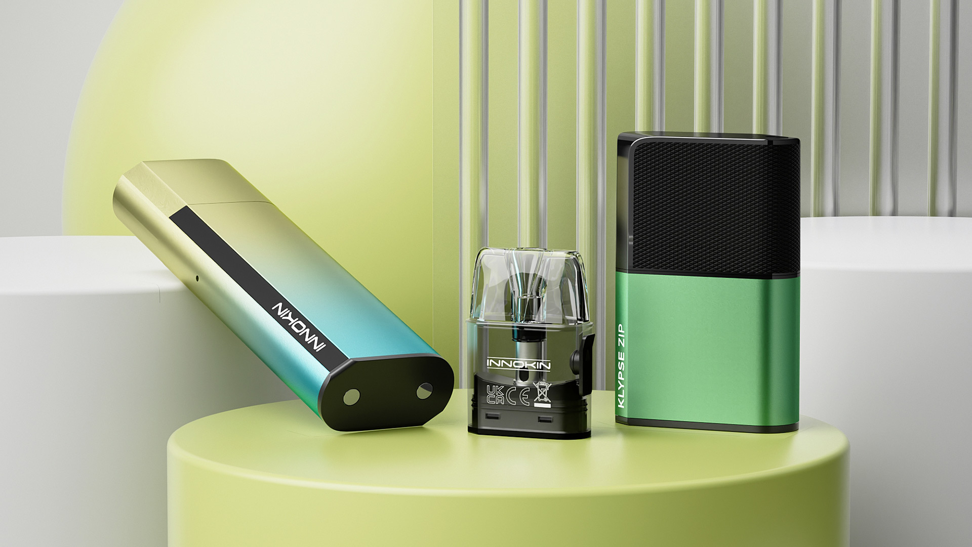 Eine Reihe von Innokin Klypse Series Vape-Produkten mit schlankem Design und Pod-Optionen für Nikotinsalze, die in einem stilvollen geometrischen Hintergrund in Grün und Weiß erscheinen.