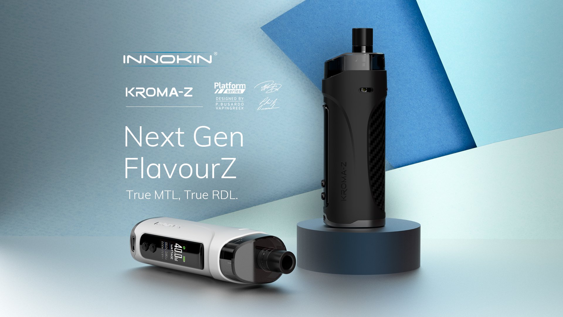 Die Innokin Kroma Z Vape-Geräte in elegantem Schwarz und Weiß, die für Nikotinsalze und anpassungsfähige Vaping-Stile entwickelt wurden, werden vor einem modernen blauen geometrischen Hintergrund gezeigt.