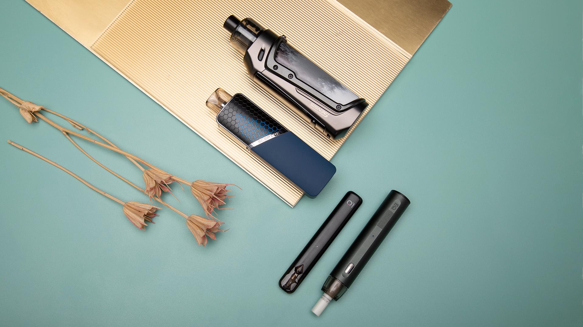 Der Innokin EQ FLTR, der Innokin I.O, der Innokin Sceptre und der Innokin Sensis EZ werden auf einem hellgrünen Hintergrund mit getrockneten Blumen präsentiert, um die Vielfalt der Pod-Vapes zu veranschaulichen.