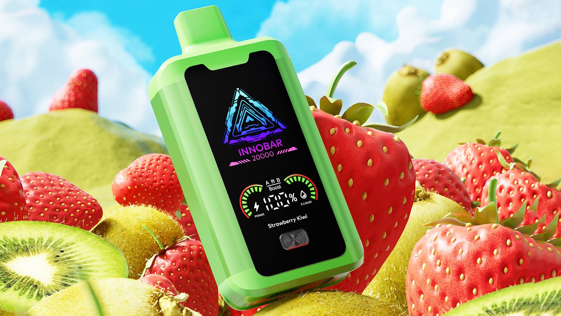 Grüne Einweg-Vape-Gerät mit Erdbeergeschmack auf einem Hintergrund von frischen Erdbeeren angezeigt, Hervorhebung Geschmack ändern, wenn die vape ist fast leer.
