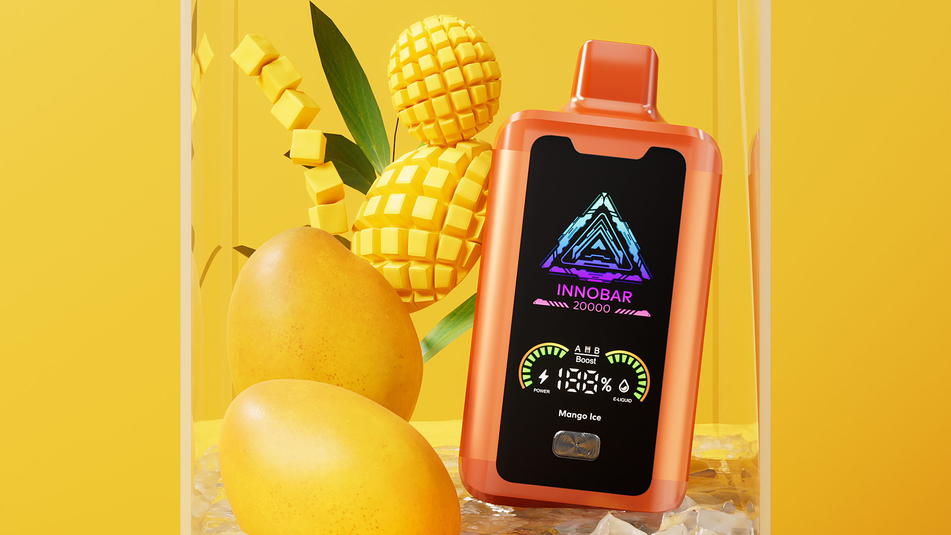 INNOBAR 20000 elektronischer Verdampfer mit 30% Wassergehalt, gepaart mit frischen Mangos für doppelte Hydratation