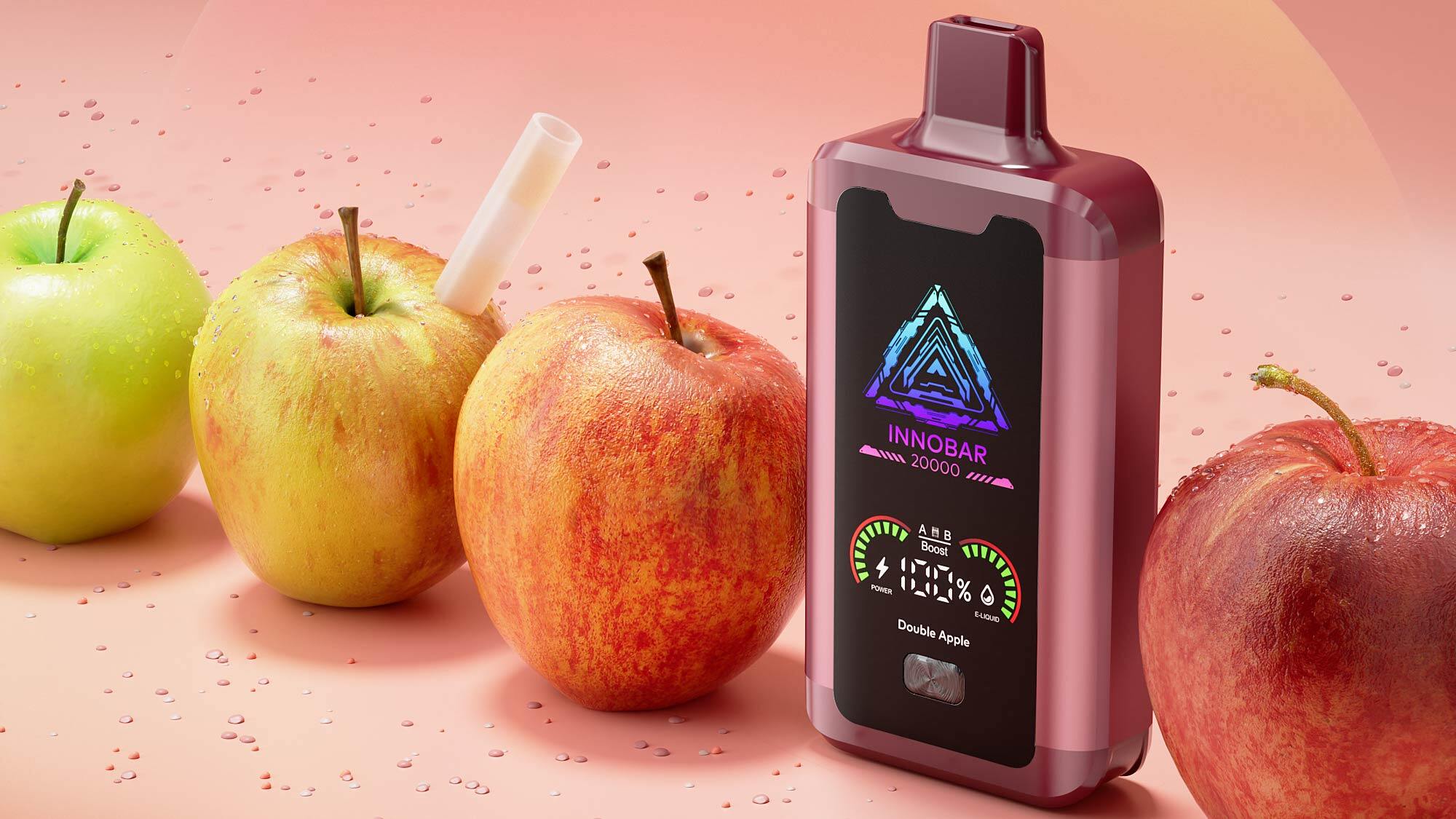Einweg-Vape mit digitaler Anzeige neben Äpfeln.