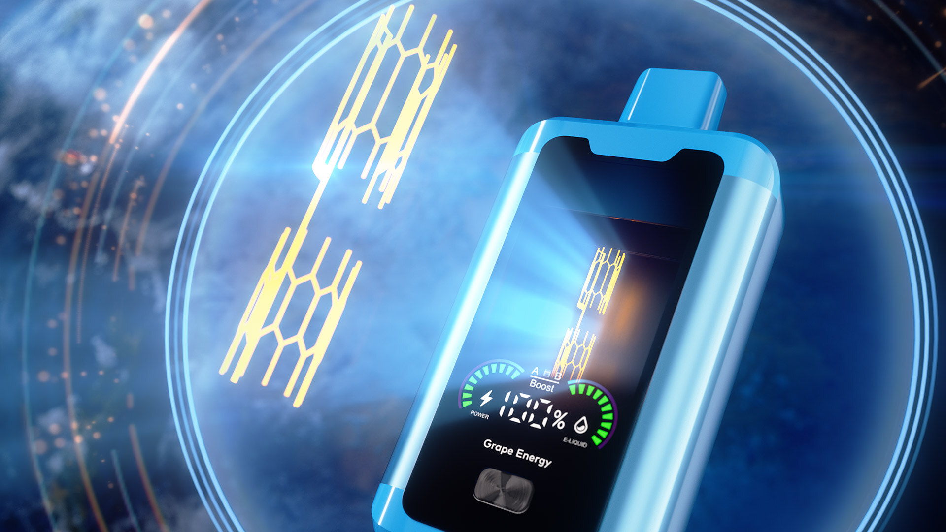 INNOBAR 20000 E-Zigarette mit einzigartigem Dual-Coil-Design für gleichbleibenden Geschmack, auch bei niedrigem Saftvorrat, mit einem schlanken blauen Gehäuse mit gelben Akzenten und "Grape Energy" auf dem Bildschirm angezeigt.