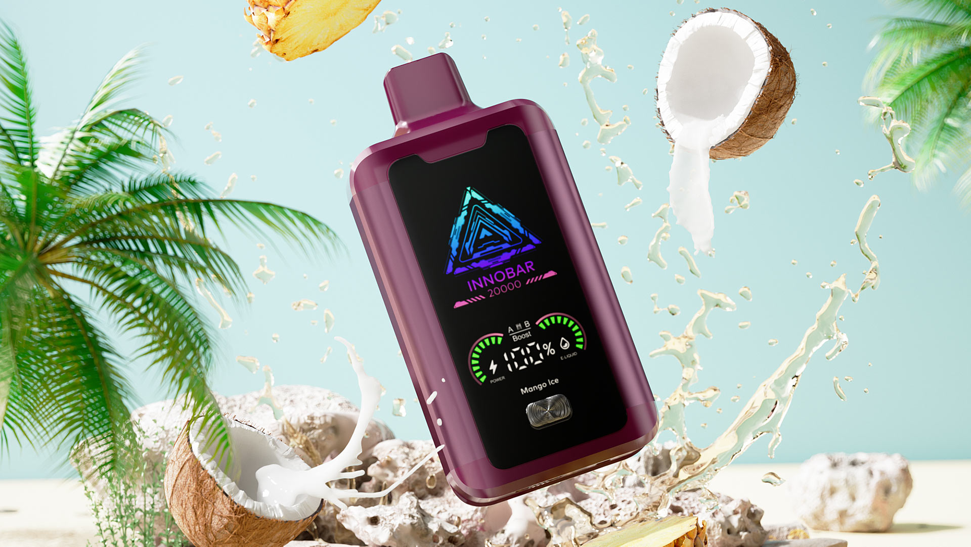 Ein Vape-Gerät in einer tropischen Umgebung mit Kokosnüssen, Palmen und spritzender Kokosnussmilch, die ein lebendiges und exotisches Thema hervorhebt.
