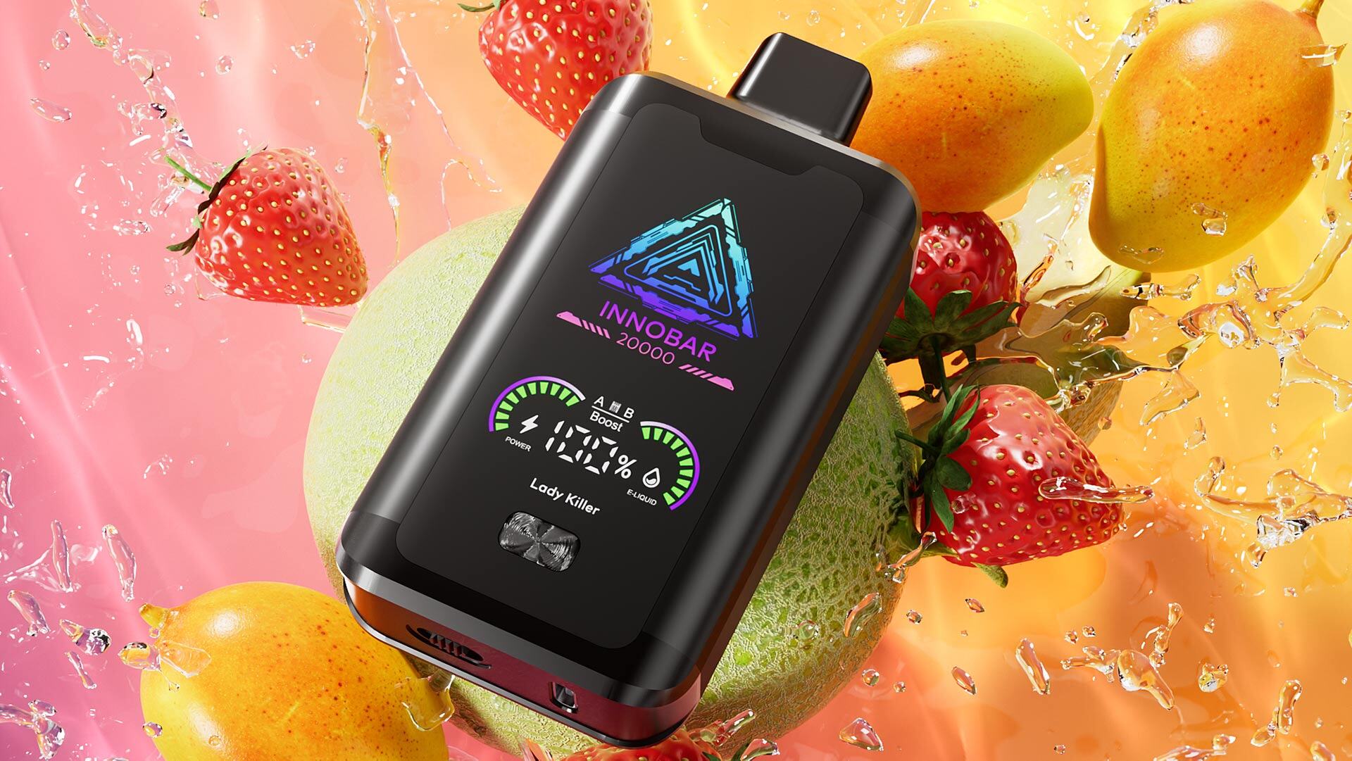 INNOBAR 20000mAh Powerbank mit elegantem schwarzem Design und blauem Dreieckslogo, das Batterieinformationen auf dem Bildschirm anzeigt, vor einem Hintergrund aus frischen Früchten, die den Geschmack und die lang anhaltende Energie für Einweg-Vapes betonen.