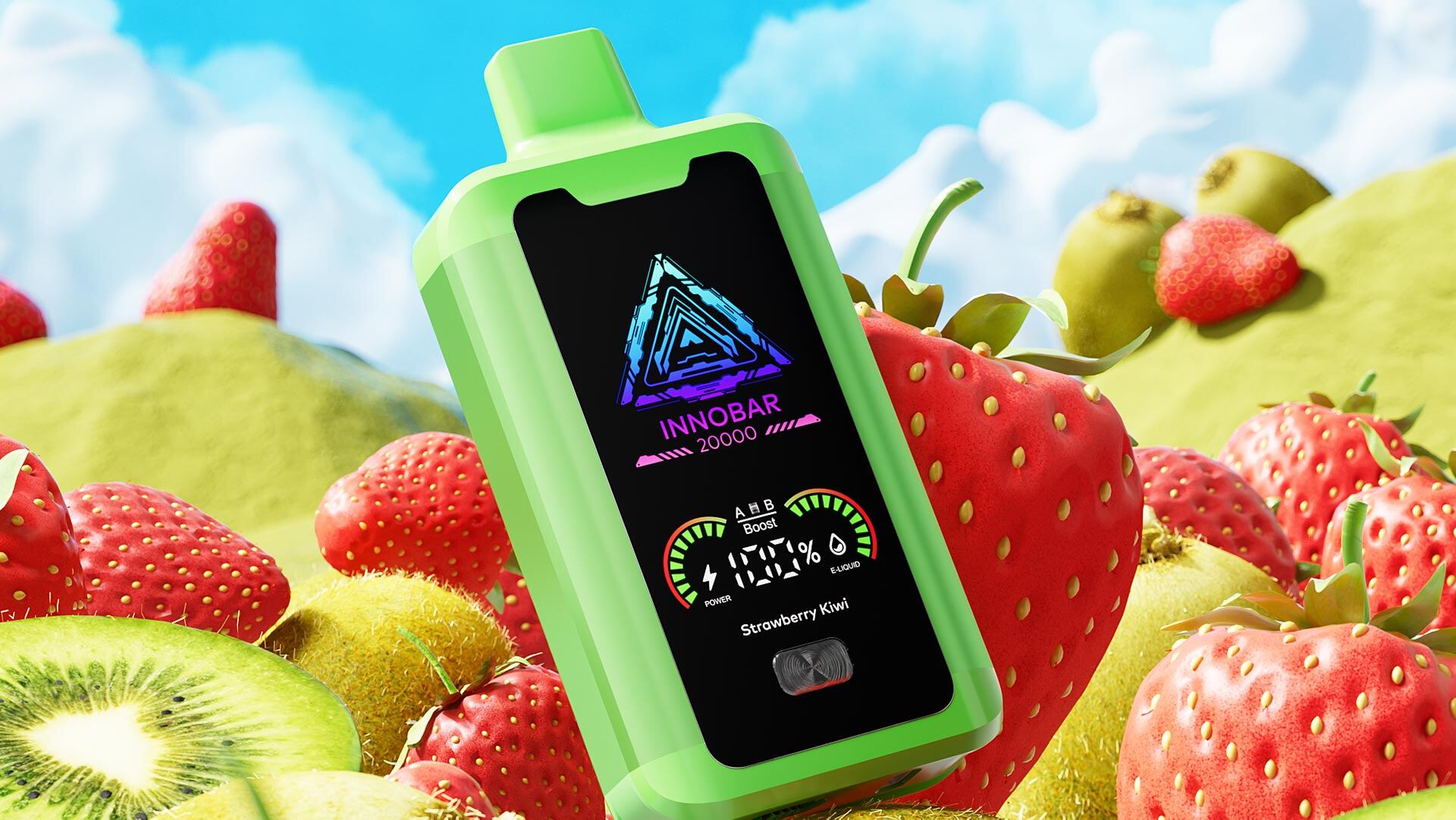 Einweg-Vape-Pen mit 20000 Puff-Kapazität, Geschmacksrichtung Strawberry Kiwi.