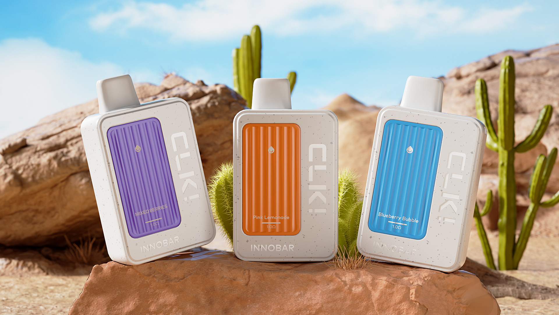 In einer lebendigen Wüstenlandschaft zieren drei INNOBAR CLK in Lila, Orange und Blau die felsige Landschaft. Während du ihr elegantes Design vor dem blauen Himmel bewunderst, fragst du dich vielleicht: Wie lange hält ein vorgefüllter Pod in diesem Stil?