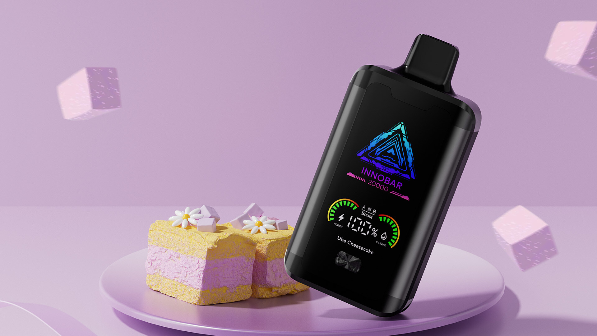Innobar 20000 vape mit Display, das die Akkulaufzeit, den Füllstand des E-Liquids, die aktuelle Wattzahl und die Dauer des letzten Puffs anzeigt, für eine verbesserte Benutzererfahrung.