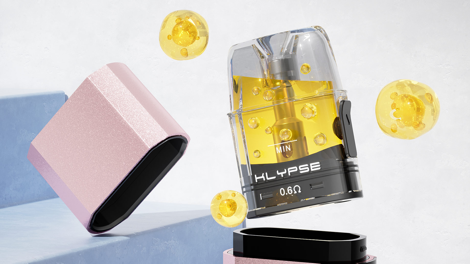Klypse mit der Aufschrift MIN HLYPSE 0.6Ω, die eine goldene Flüssigkeit enthält, mit einer rosa magnetischen, staubdichten Kappe.