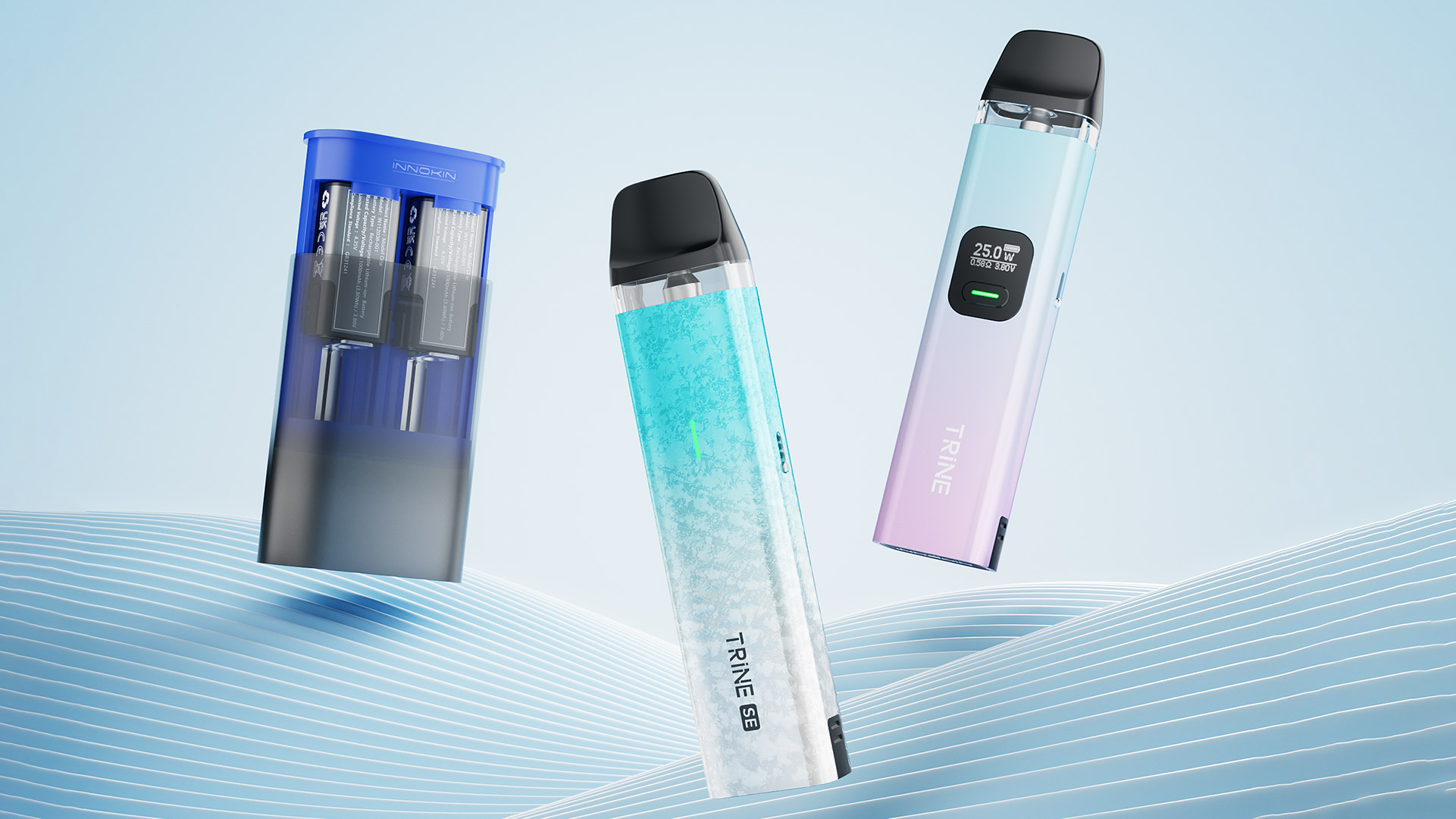 Innokin Trine Trine SE und Trine Power Hub vor einem wellenförmigen Hintergrund